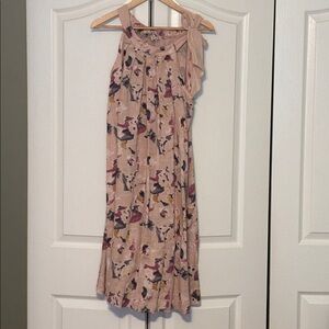 Abstract Linen Floral Midi Dress in Pink and Cream